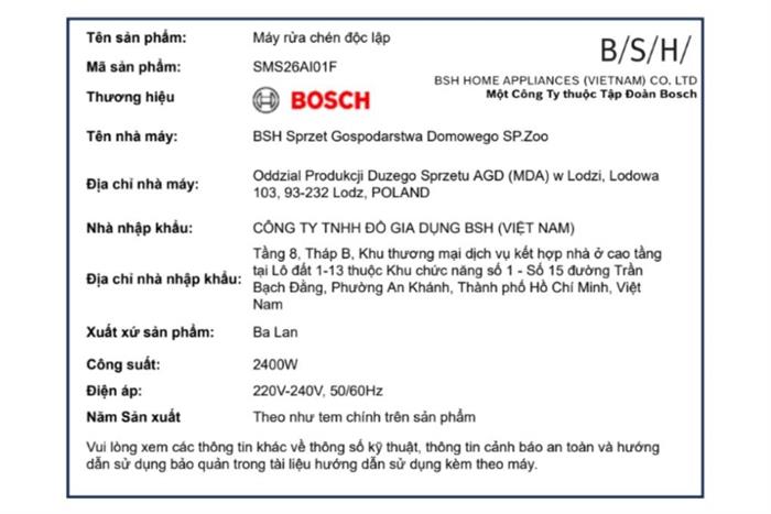 Máy rửa chén độc lập Bosch SMS26AI01F Màu Inox