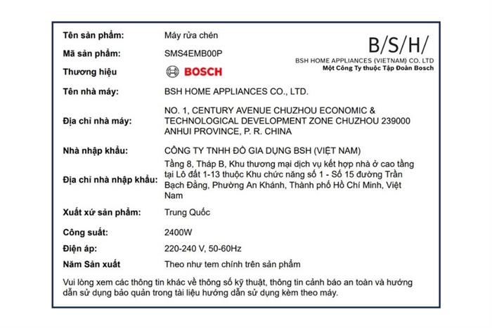 Máy rửa chén độc lập Bosch SMS4EMB00P Màu Đen
