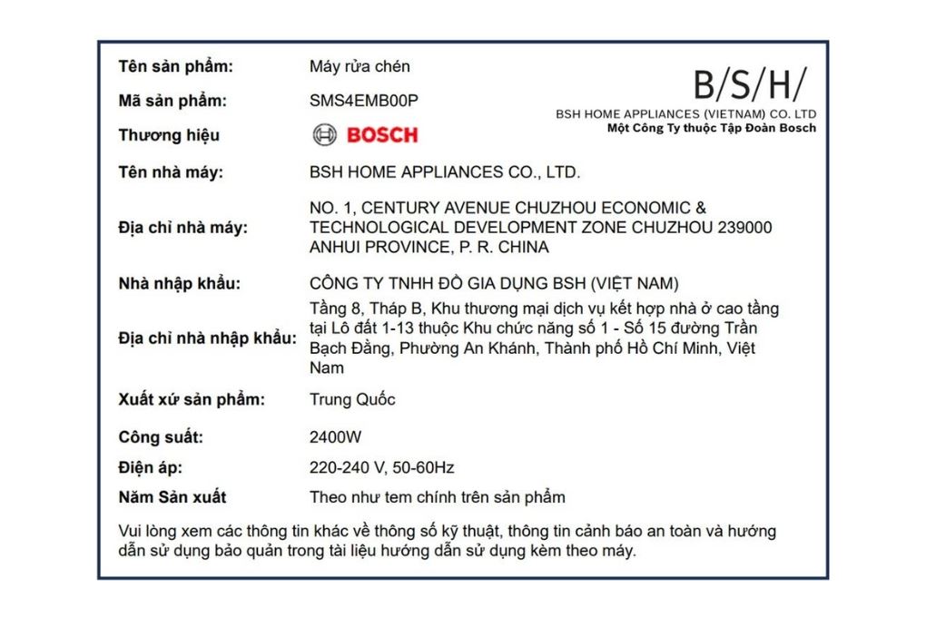 Máy rửa chén độc lập Bosch SMS4EMB00P Màu Đen