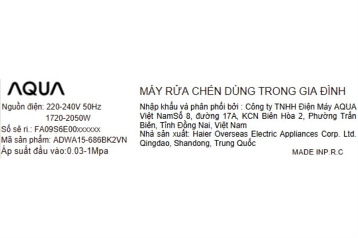 Máy rửa chén độc lập Aqua ADWA15-686BK2VN Màu Đen
