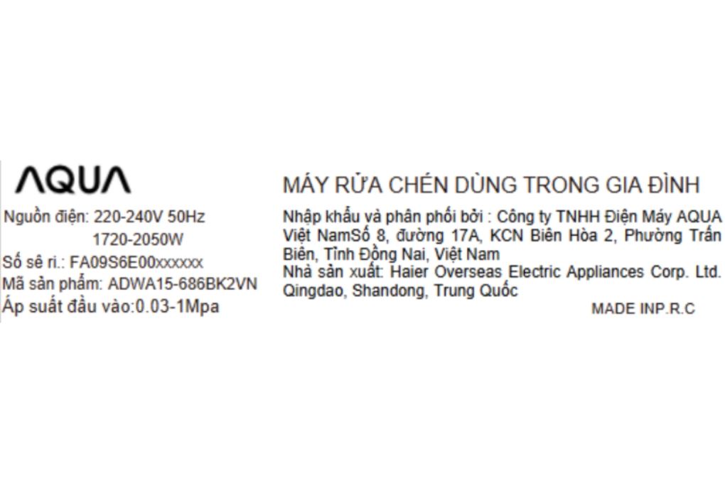Máy rửa chén độc lập Aqua ADWA15-686BK2VN Màu Đen