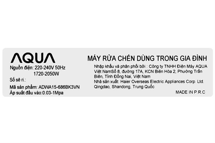 Máy rửa chén độc lập Aqua ADWA15-686BK3VN Màu Xám