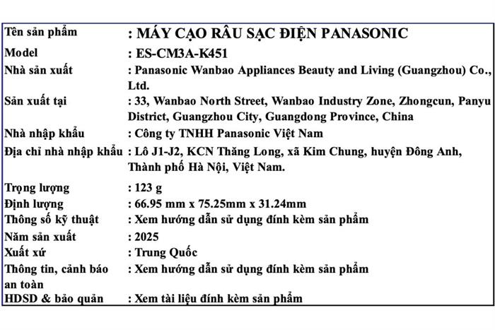 Máy cạo râu khô và ướt Panasonic ES-CM3A-K451 Màu Đen