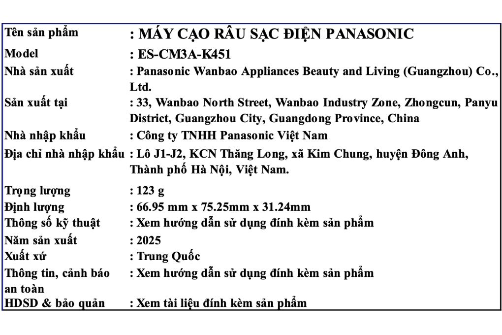 Máy cạo râu khô và ướt Panasonic ES-CM3A-K451 Màu Đen