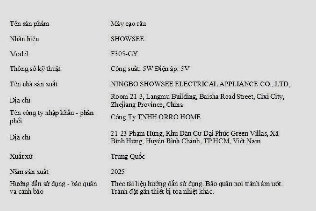 Máy cạo râu khô và ướt Showsee F305-GY Màu Đen