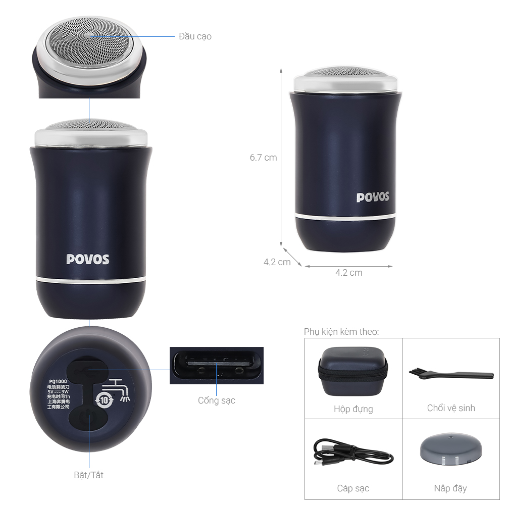 Máy cạo râu khô và ướt POVOS PQ1000 Đen