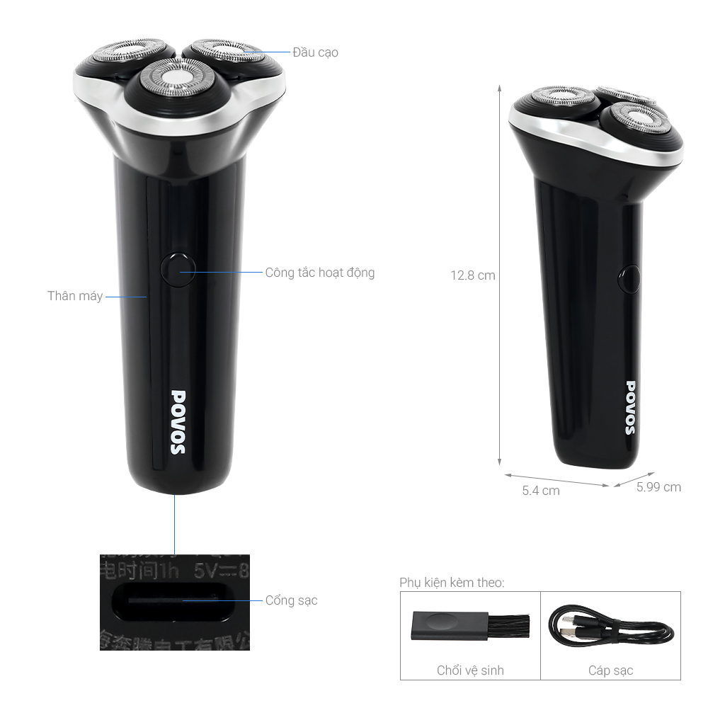 Máy cạo râu khô và ướt POVOS PQ9102 Đen