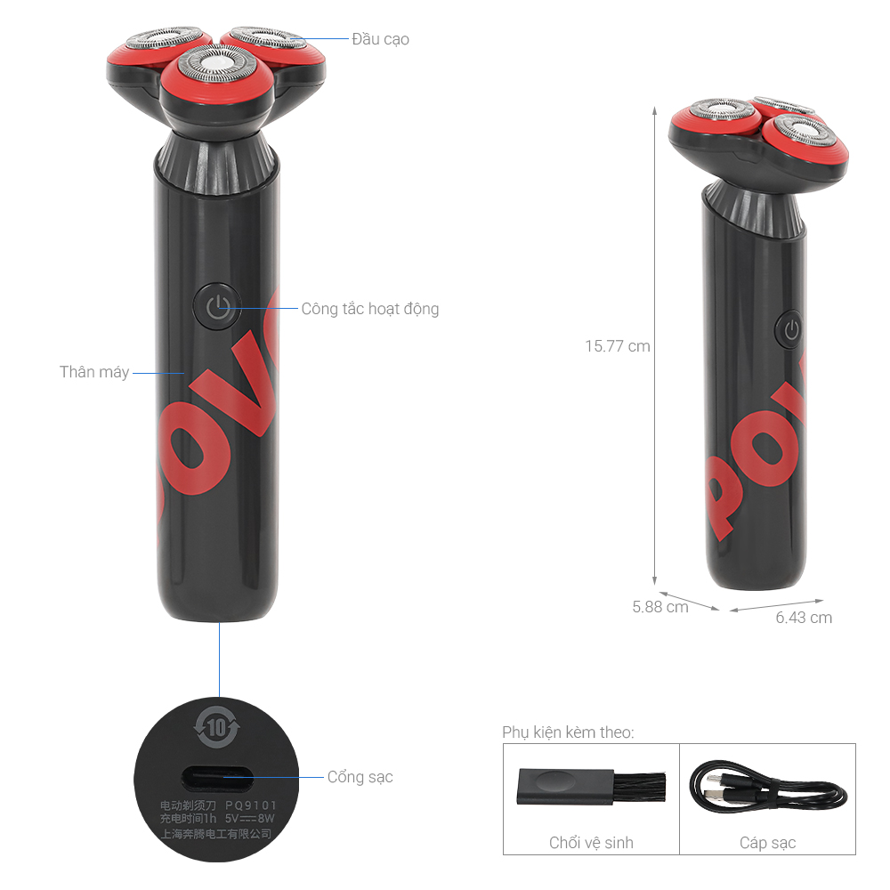 Máy cạo râu khô và ướt POVOS PQ9101 Đỏ