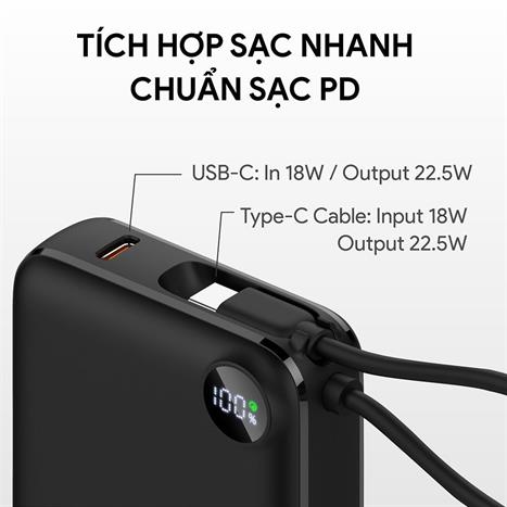 Pin sạc dự phòng Polymer 10000mAh Type-C QC 3.0 22.5W Dekey Power Pioneer P2786 kèm cáp Type-C - Đen Màu Đen