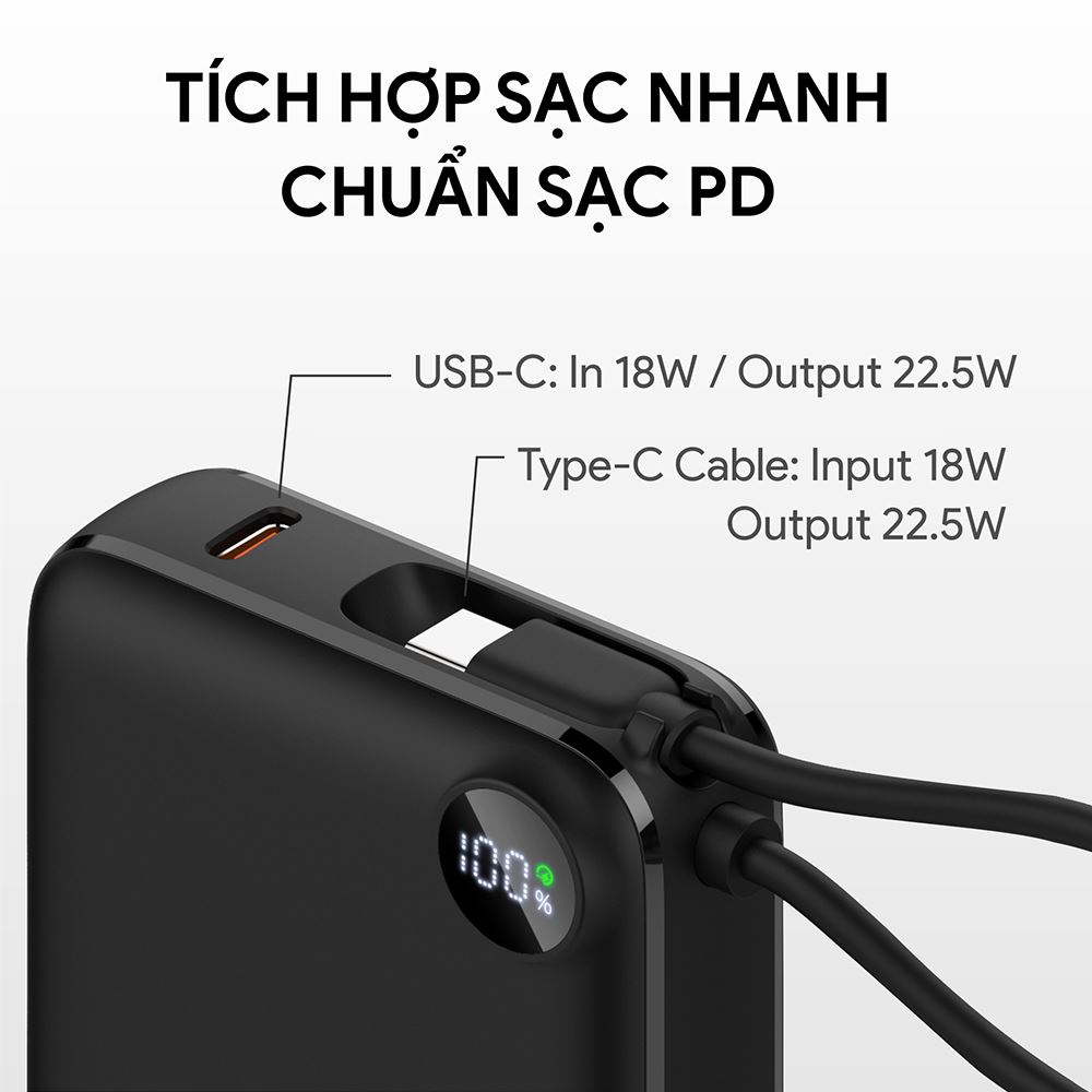 Pin sạc dự phòng Polymer 10000mAh Type-C QC 3.0 22.5W Dekey Power Pioneer P2786 kèm cáp Type-C - Đen - Tương thích