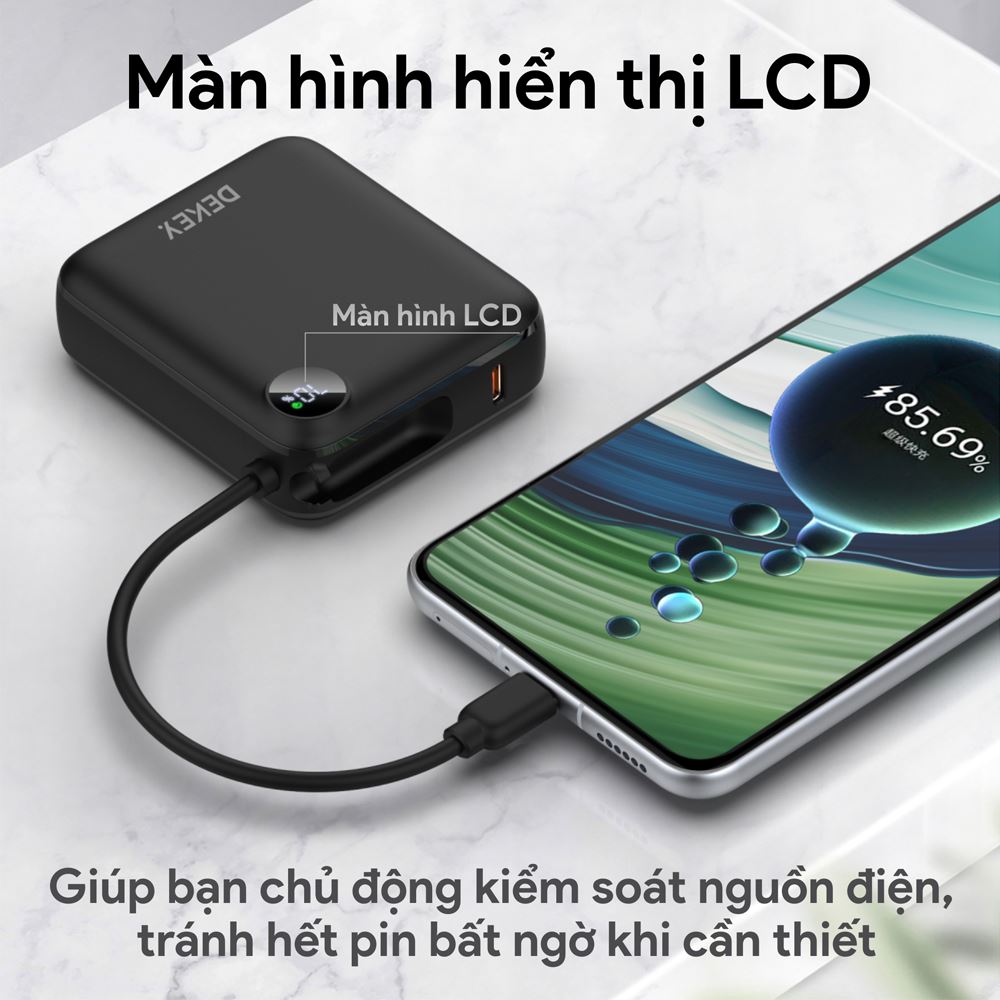 Pin sạc dự phòng Polymer 10000mAh Type-C QC 3.0 22.5W Dekey Power Pioneer P2786 kèm cáp Type-C - Đen - Tiện ích