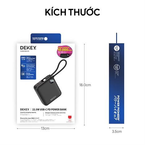 Pin sạc dự phòng Polymer 10000mAh Type-C QC 3.0 22.5W Dekey Power Pioneer P2786 kèm cáp Type-C - Đen Màu Đen