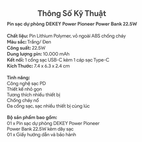 Pin sạc dự phòng Polymer 10000mAh Type-C QC 3.0 22.5W Dekey Power Pioneer P2786 kèm cáp Type-C - Đen Màu Đen