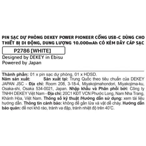 Pin sạc dự phòng Polymer 10000mAh Type-C QC 3.0 22.5W Dekey Power Pioneer P2786 kèm cáp Type-C - Trắng Màu Trắng