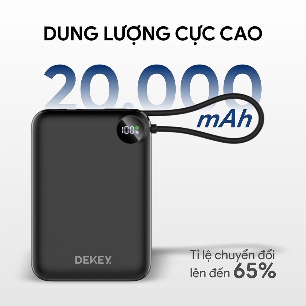 Pin sạc dự phòng Polymer 20000mAh Type-C QC 3.0 22.5W Dekey Power Pioneer P2788 kèm cáp Type-C - Đen - Dung lượng