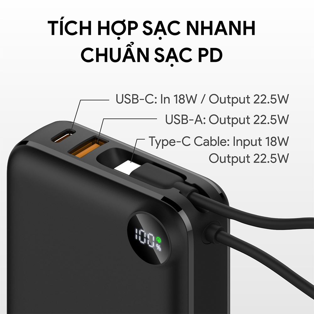 Pin sạc dự phòng Polymer 20000mAh Type-C QC 3.0 22.5W Dekey Power Pioneer P2788 kèm cáp Type-C - Đen  - Tương thích