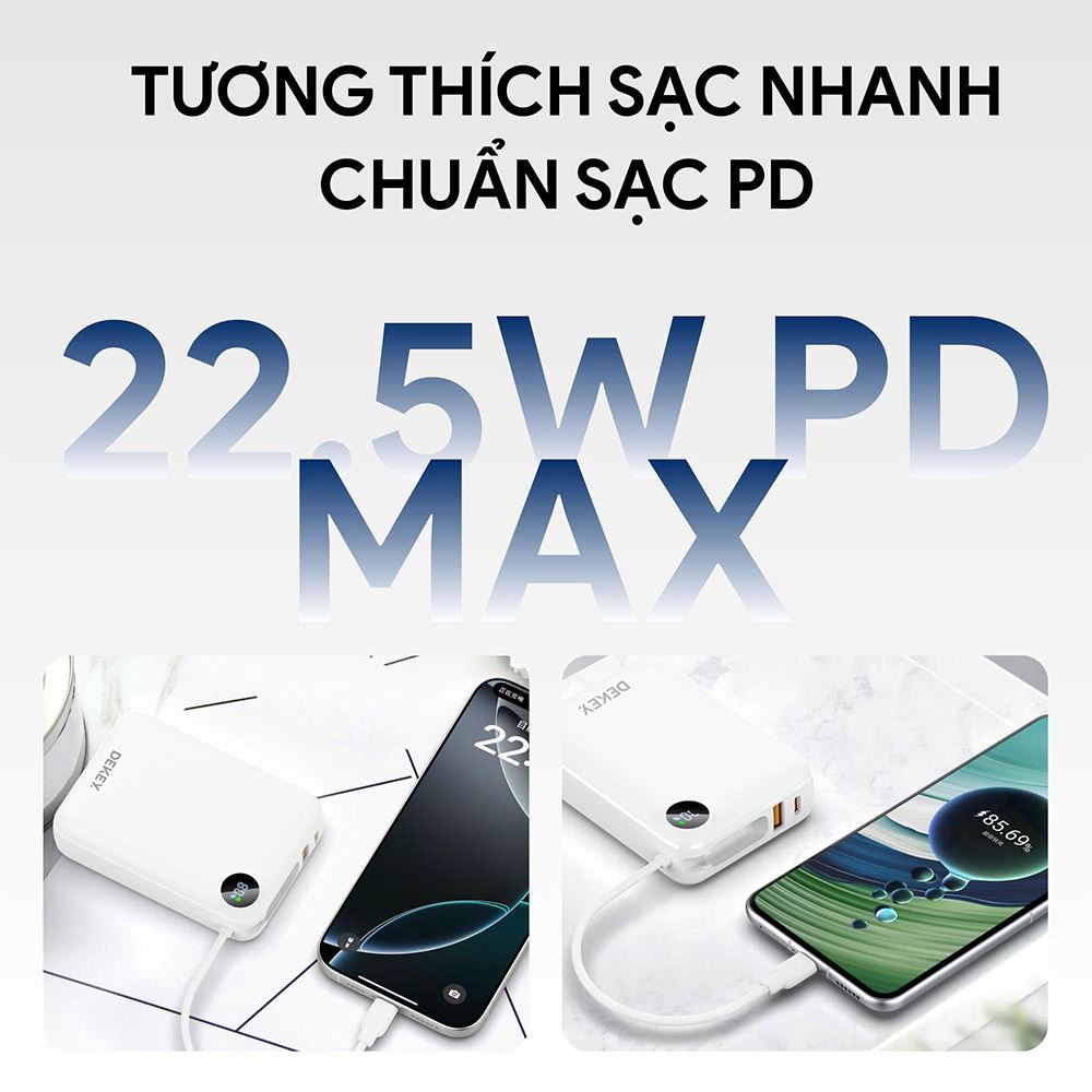Pin sạc dự phòng Polymer 20000mAh Type-C QC 3.0 22.5W Dekey Power Pioneer P2788  kèm cáp Type-C - Trắng - Công suất