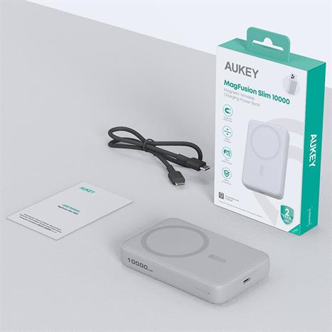 Pin sạc dự phòng Không dây Polymer 10000mAh Type C 20W Aukey PB-MS04 - Xám Bạc Màu Bạc