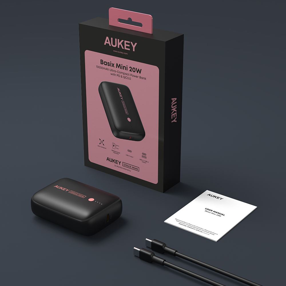 Pin sạc dự phòng Polymer 10000mAh Type C PD QC 3.0 20W Aukey PB-N83S - Đen Hồng - Thiết kế