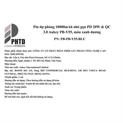Pin sạc dự phòng Polymer 10000mAh Type C PD QC 3.0 20W Aukey PB-Y55 - Xanh Dương Màu Xanh Dương