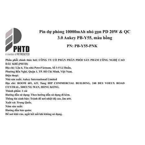 Pin sạc dự phòng Polymer 10000mAh Type C PD QC 3.0 20W Aukey PB-Y55 - Hồng Màu Hồng