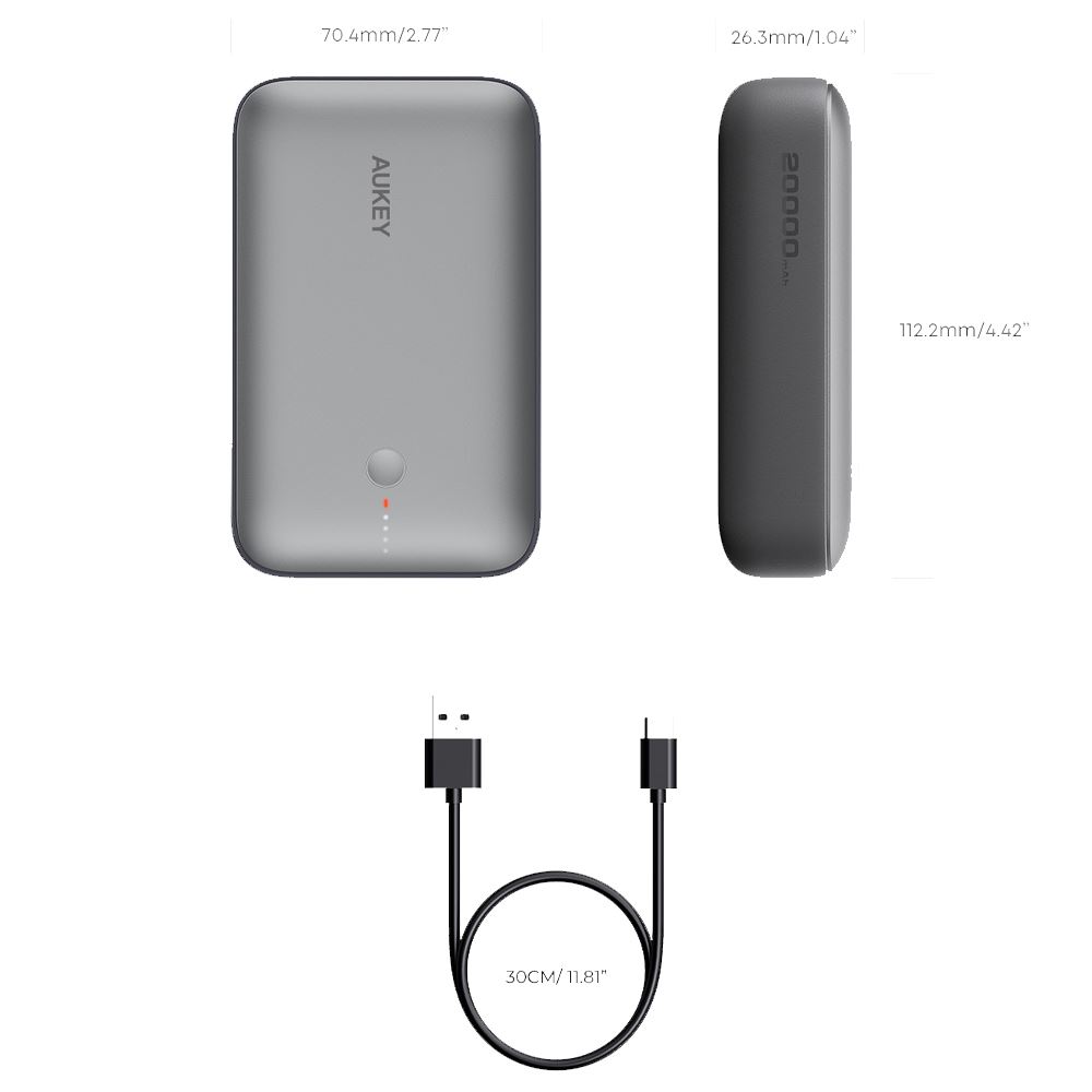 Pin sạc dự phòng Polymer 20000mAh Type C PD QC 3.0 20W Aukey PB-Y57 Spark Mini - Xám Đen - Thiết kế
