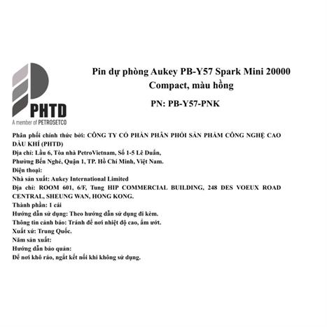 Pin sạc dự phòng Polymer 20000mAh Type C PD QC 3.0 20W Aukey PB-Y57 Spark Mini - Hồng Màu Hồng