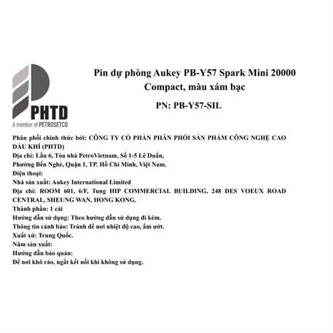 Pin sạc dự phòng Polymer 20000mAh Type C PD QC 3.0 20W Aukey PB-Y57 Spark Mini - Xám Bạc Màu Bạc