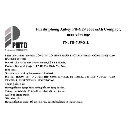 Pin sạc dự phòng Polymer 5000mAh Type C PD QC 3.0 20W Aukey PB-Y59 - Xám Bạc Màu Bạc