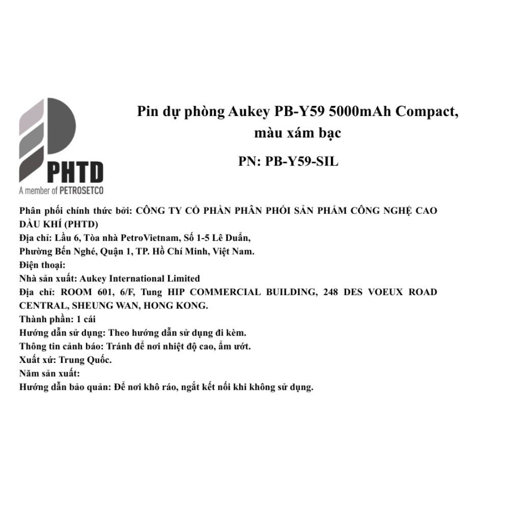 Pin sạc dự phòng Polymer 5000mAh Type C PD QC 3.0 20W Aukey PB-Y59 - Xám Bạc Màu Bạc