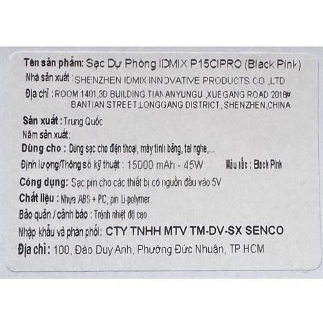 Pin sạc dự phòng Polymer 15000mAh Type C PD QC 45W IDMIX P15CIPRO kèm cáp Lightning và Type-C - Đen Hồng Màu Đen hồng