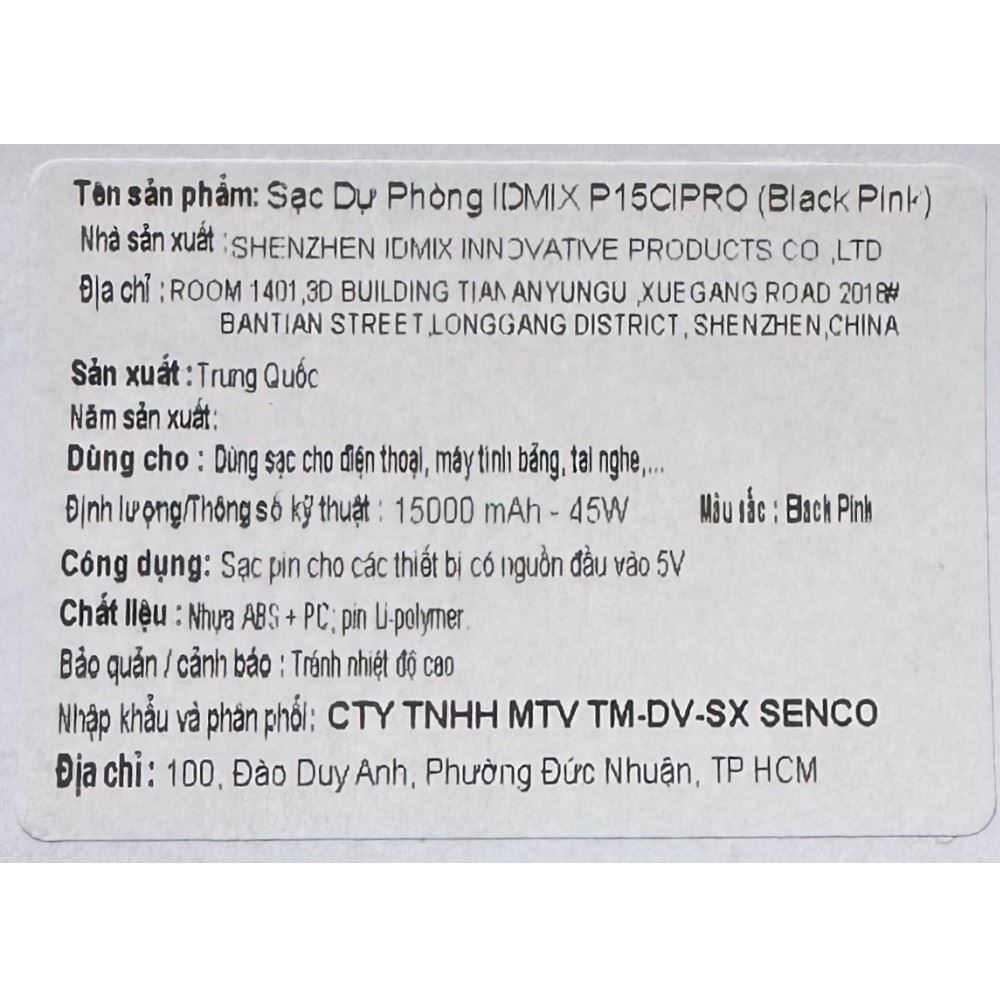 Pin sạc dự phòng Polymer 15000mAh Type C PD QC 45W IDMIX P15CIPRO kèm cáp Lightning và Type-C - Đen Hồng - 5