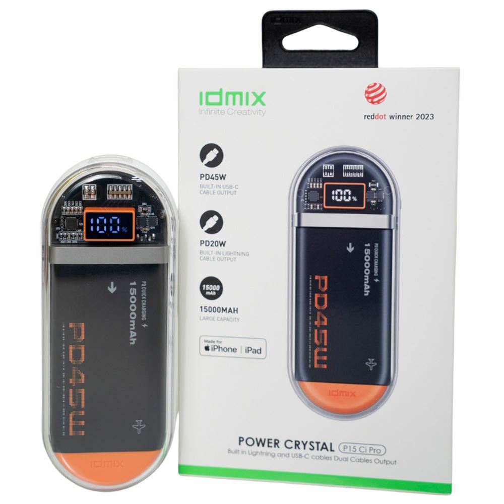 Pin sạc dự phòng Polymer 15000mAh Type C PD QC 45W IDMIX P15CIPRO kèm cáp Lightning và Type-C - Trắng Màu Trắng