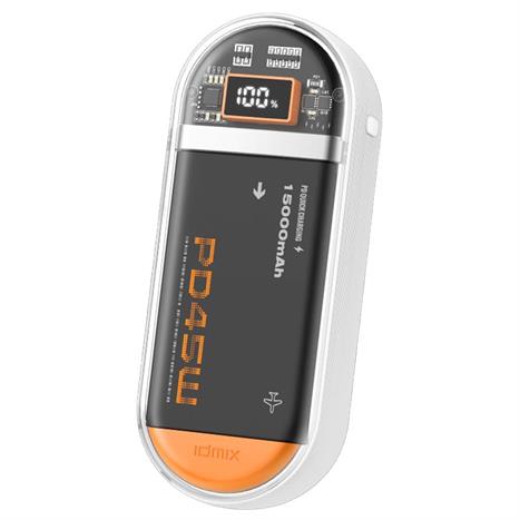Pin sạc dự phòng Polymer 15000mAh Type C PD QC 45W IDMIX P15CIPRO kèm cáp Lightning và Type-C - Trắng Màu Trắng