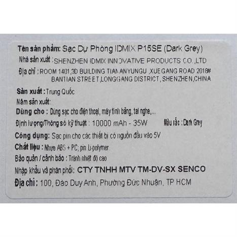 Pin sạc dự phòng Polymer 10000mAh Type C PD 35W IDMIX P15SE kèm cáp Type-C - Xám Màu Xám đậm