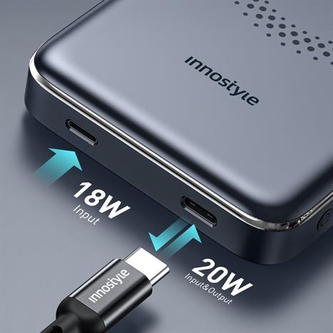 Pin sạc dự phòng Polymer 10000 mAh Type C PD QC 3.0 20W Innostyle IM20PDGY - Xám Màu Xám
