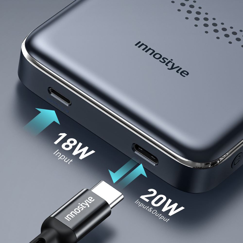Pin sạc dự phòng Polymer 10000 mAh Type C PD QC 3.0 20W Innostyle IM20PDGY - Xám - Cổng kết nối