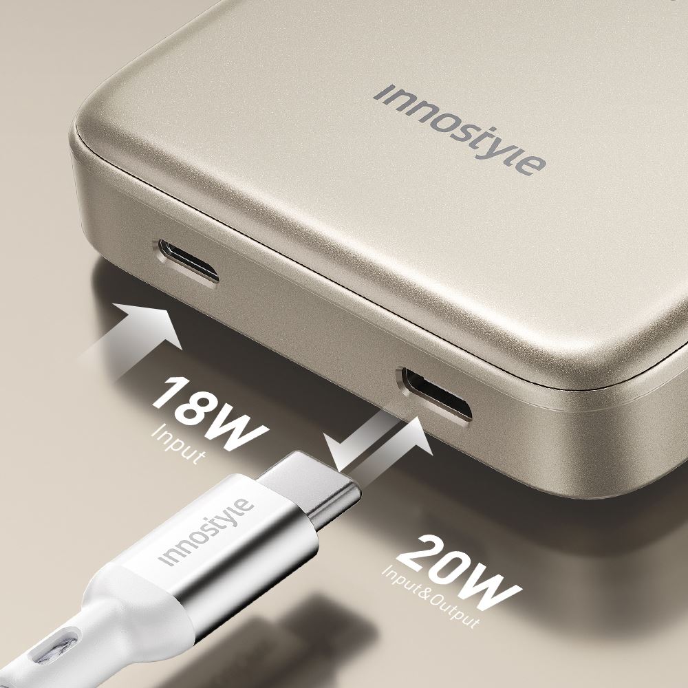 Pin sạc dự phòng Polymer 10000 mAh Type C PD QC 3.0 20W Innostyle IM20PDTG - Vàng - Cổng sạc