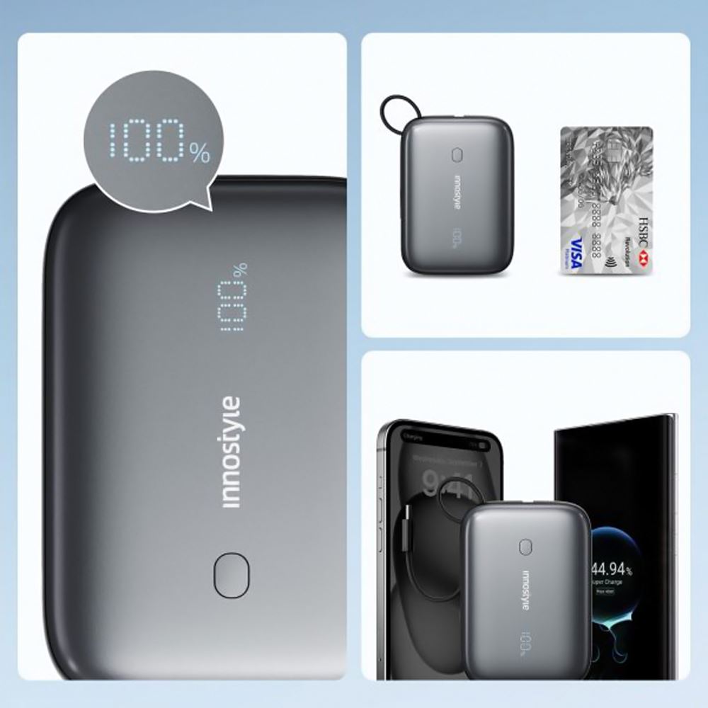 Pin sạc dự phòng Polymer 10000 mAh Type C PD QC 3.0 22.5W Innostyle IP22G2BLK kèm cáp Type C - Đen - Tiện ích