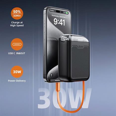 Pin sạc dự phòng Polymer 10000 mAh Type C PD 30W Innostyle TM31BLK kèm cáp Type C - Đen Màu Đen