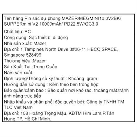 Pin sạc dự phòng Polymer 10000 mAh Type C PD 22.5W Mazer M-EGMINI10.0V2-BK - Đen Màu Đen