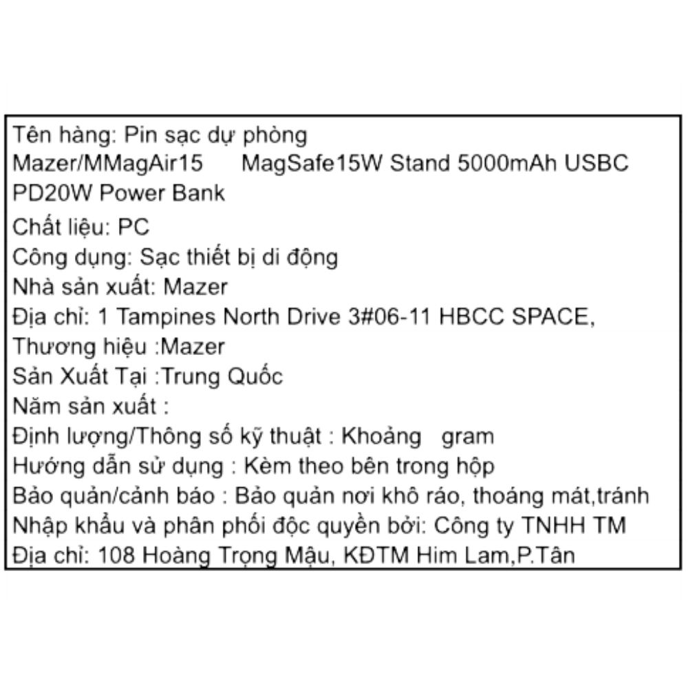 Pin sạc dự phòng Polymer 5000mAh không dây 20W Mazer M-MagAir15-BK - Đen Màu Đen