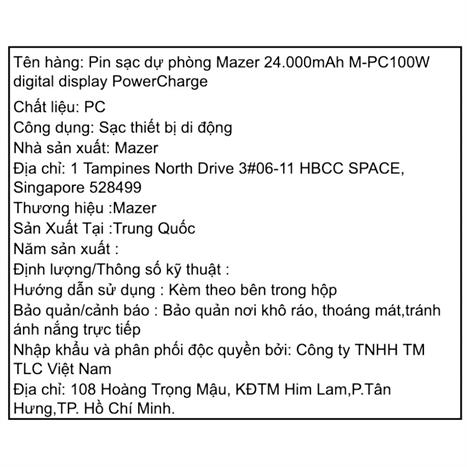 Pin sạc dự phòng Polymer 24000 mAh Type C PD 100W Mazer M-PC100W24V3-BK Màu Đen