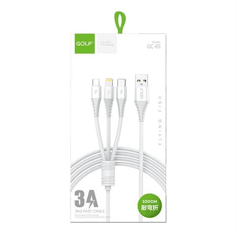 Cáp sạc nhanh và truyền dữ liệu 3 đầu USB A - Type C Lightning Micro USB 1m Golf GC-65 Màu Trắng