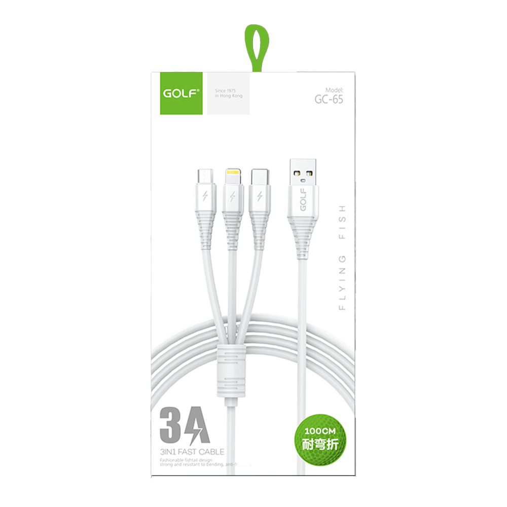 Cáp sạc nhanh và truyền dữ liệu 3 đầu USB A - Type C Lightning Micro USB 1m Golf GC-65 - thương hiệu
