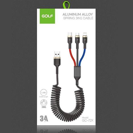 Cáp sạc nhanh và truyền dữ liệu 3 đầu USB A - Type C Lightning Micro USB 18W 1.5m Golf GC-72X Màu Đen
