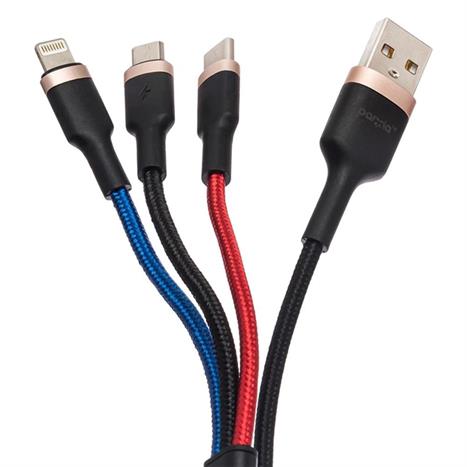 Cáp sạc nhanh và truyền dữ liệu 3 đầu USB A - Type C Lightning Micro USB 18W 1.5m Golf GC-72X Màu Đen