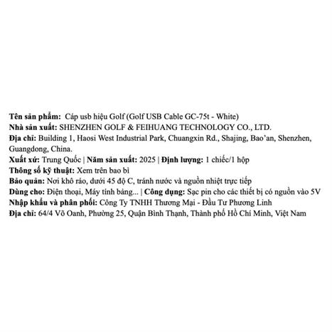 Cáp sạc nhanh và truyền dữ liệu USB-A - Type-C 18W 1m Golf GC-75T - Trắng Màu Trắng