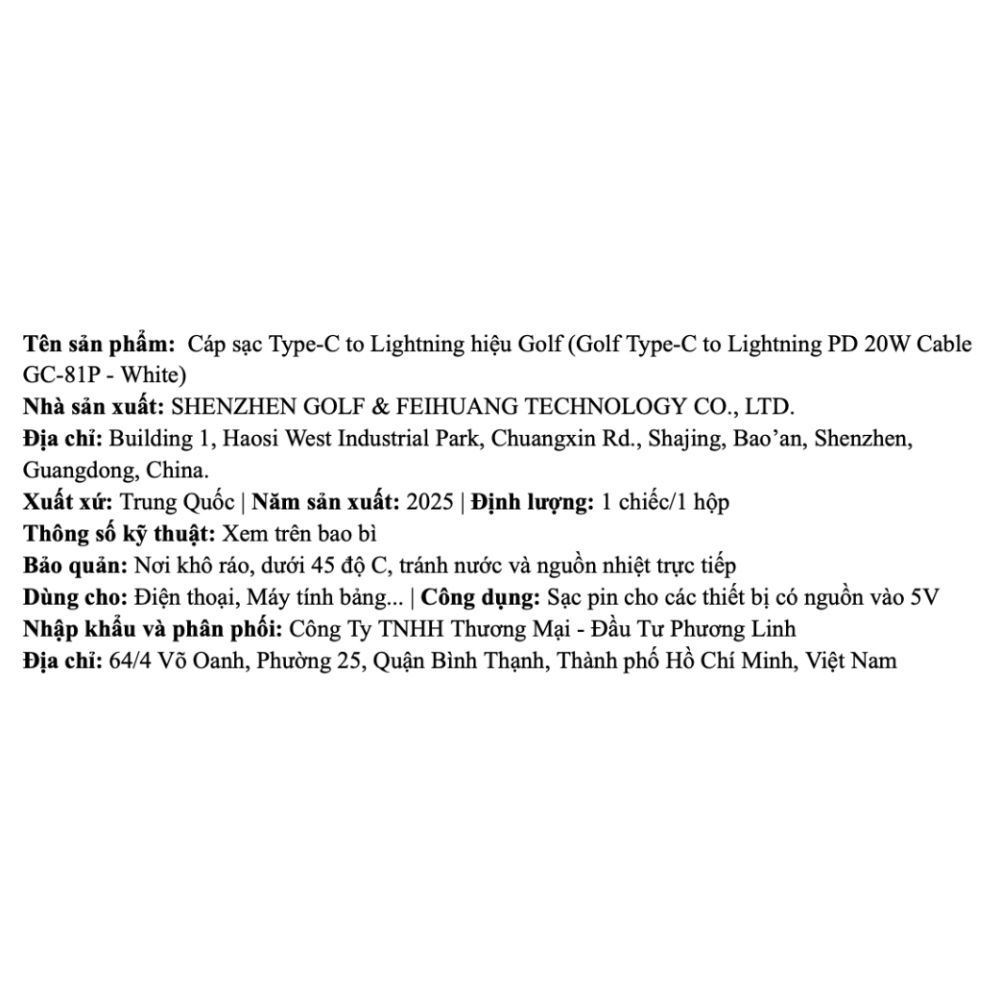 Cáp sạc nhanh và truyền dữ liệu Type C - Lightning 20W 1m Golf GC-81P - Trắng Màu Trắng