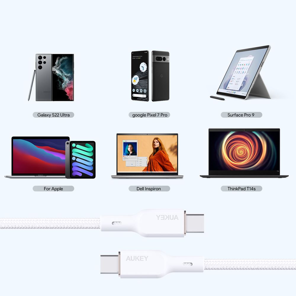 Cáp sạc nhanh và truyền dữ liệu Type-C - Type-C 100W 1m Aukey CB-KCC101 - Trắng - Kết nối